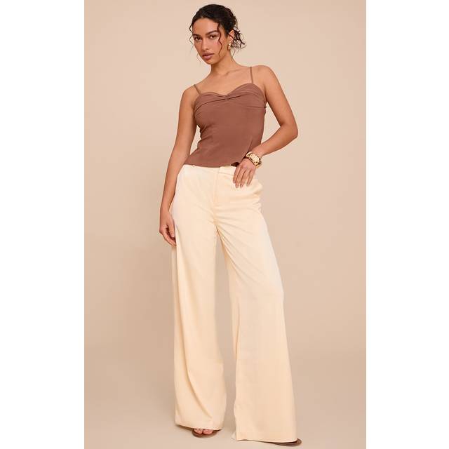 Butter Cream Satin Tailored Detail Wide Leg Trousers, Butter Cream - 10