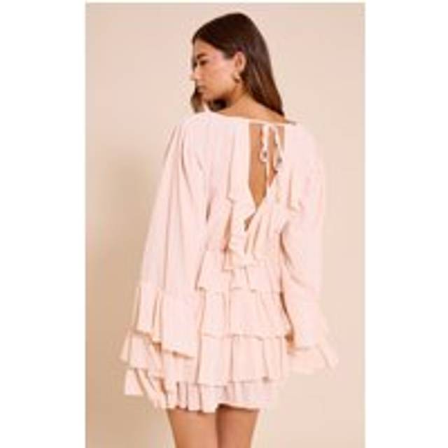 Blush Boat Neck Low Back Frill Detail Shift Dress, Pink - 14