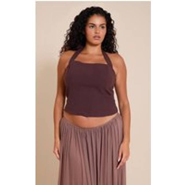 Plus Deep Chocolate Premium Linen Halterneck Top, Deep Chocolate - 30