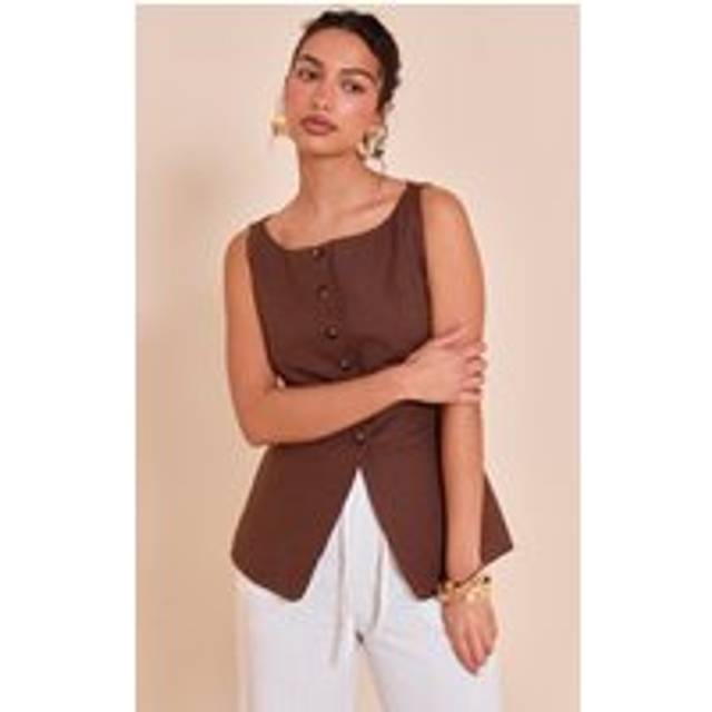 Chocolate Square Neck Linen Look Longline Waistcoat, Chocolate - 10