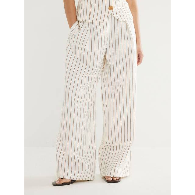 River Island Womens Petite White Stripe Belted Wide Leg Trousers - 14