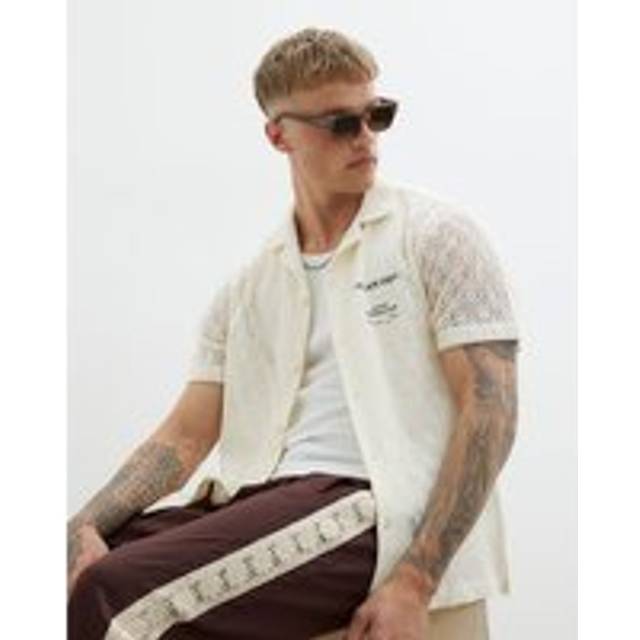 Mens River Island Cream Crochet Palais Short Sleeve Shirt