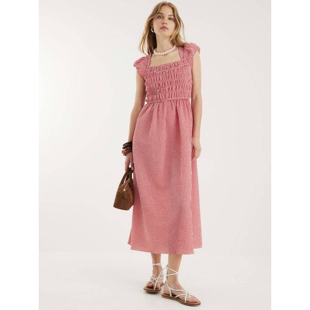 River Island Womens Red Gingham Cap Sleeve Shirred Midi Dress - 18