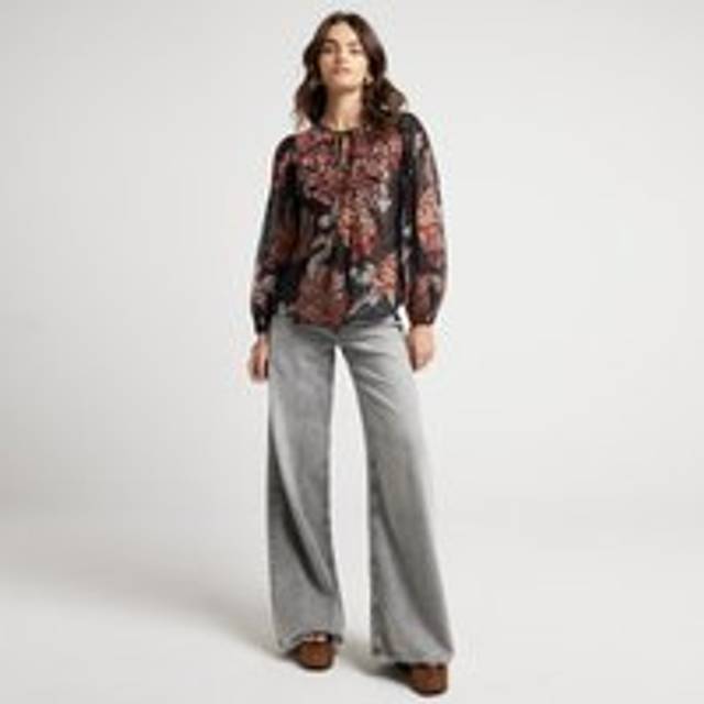 River Island Womens Black Floral Long Sleeve Smock Top - 18