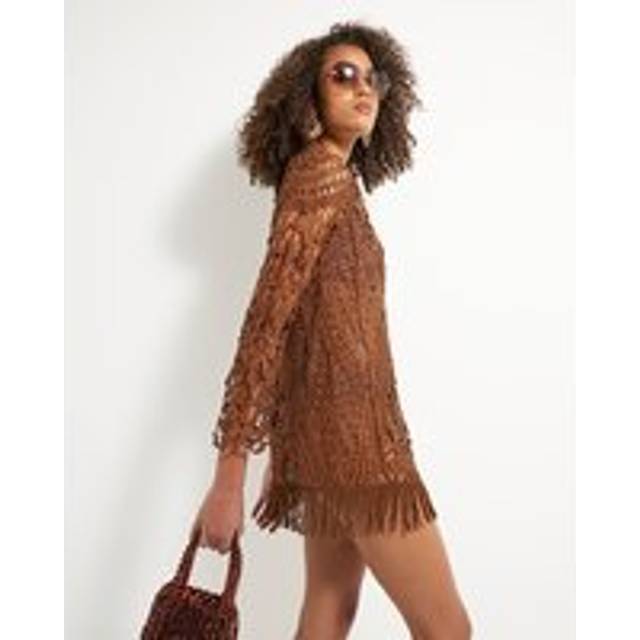 River Island Womens Brown Long Sleeve Crochet Tunic Beach Dress - M