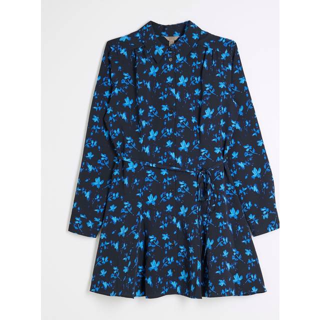 River Island Womens Black Long Sleeve Floral Mini Shirt Dress - 14