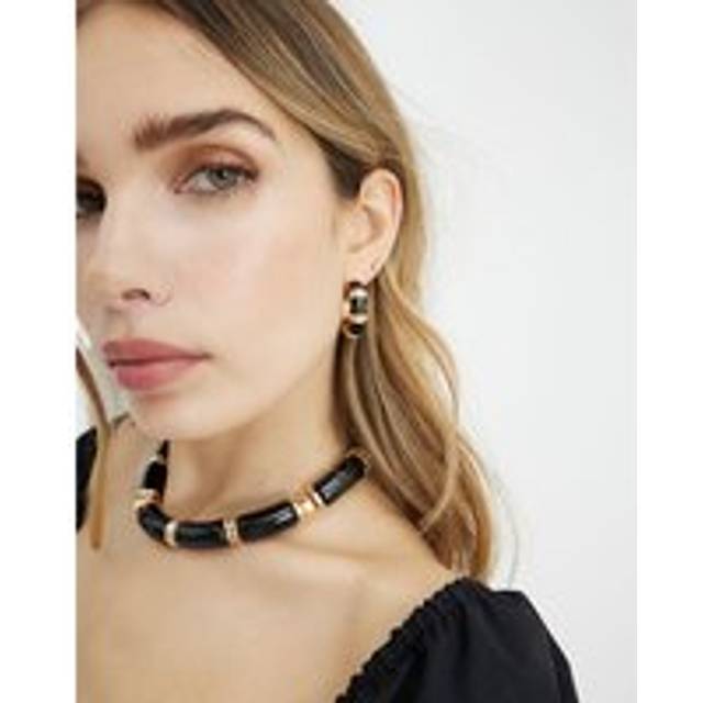 River Island Womens Black Enamel Bamboo Hoops Earrings - One Size