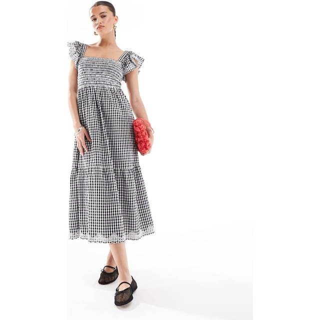 New Look Women's Black Gingham Print Embroidered Frill Sleeve Tiered Midi Dress - UK 16