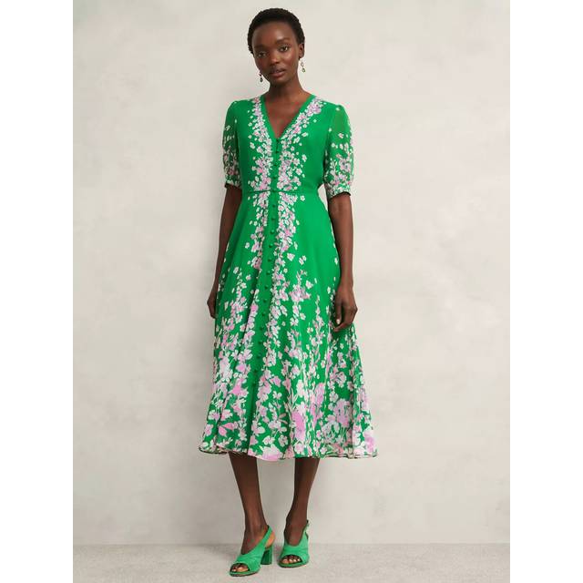 Hobbs Petite Ana Floral Pure Silk Dress, Green/Pink