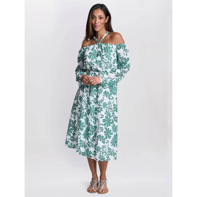 Gina Bacconi Ryan Long Sleeve Off Shoulder Midi Dress, Green/White