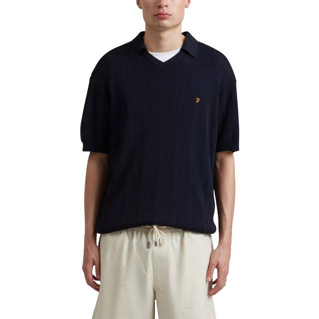 Farah Woodford Knitted Open Polo Shirt- Navy, Navy, Size M, Men