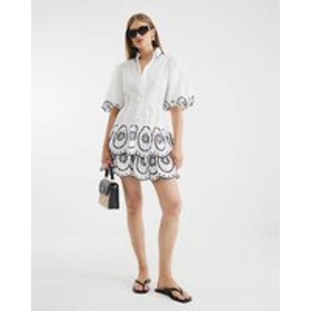 River Island Womens White Short Sleeve Cutwork Mini Shirt Dress - 14