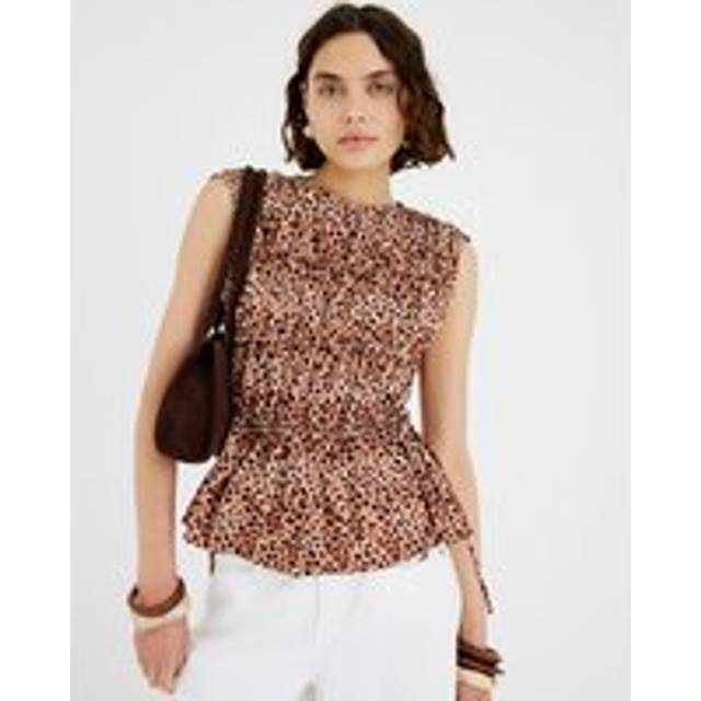 River Island Womens Beige Leopard Drawstring Tiered Peplum Top - 16