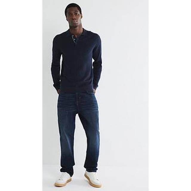 Mens River Island Navy Slim Fit Knit Long Sleeve Polo Shirt - XS