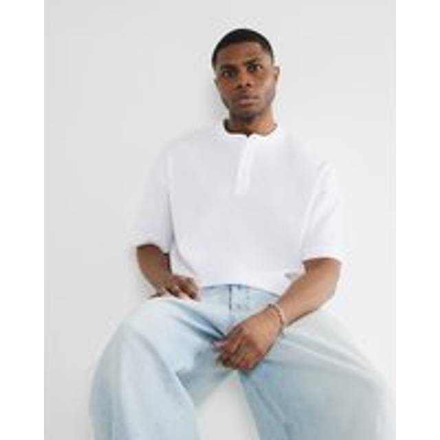 Mens River Island White Regular Fit Waffle Henley Neck T-Shirt - XL