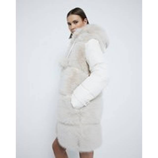 River Island Womens Cream Faux Fur Padded Pom Pom Coat - 18