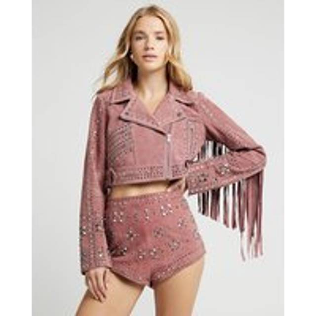 River Island Womens Pink Suede Studded Biker Jacket - 8