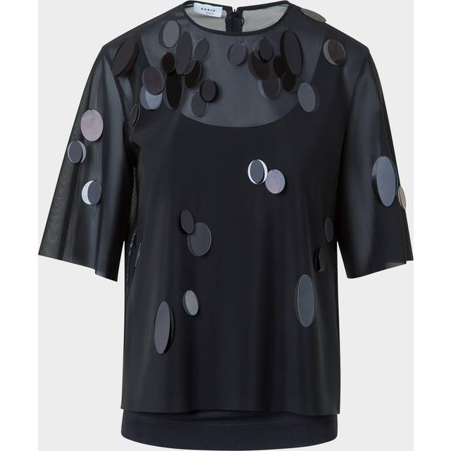 Dot Sequin Embellished Tulle Short-Sleeve Top - BLACK - 10