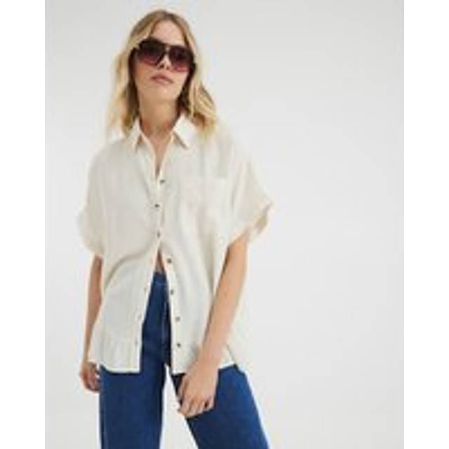 River Island Womens Cream Linen Blend Frill Hem Shirt - XS