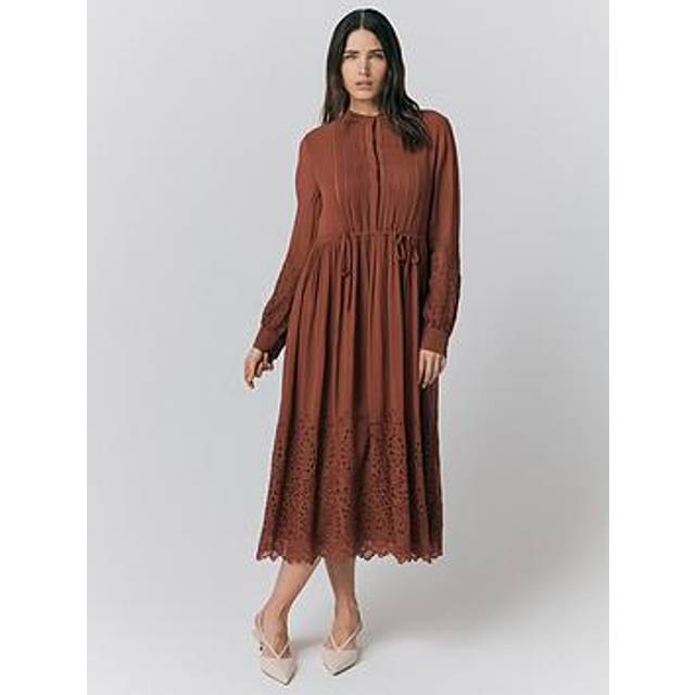 Ghost Millie Cutwork Embroidered Georgette Dress - Rust, Brown, Size L, Women