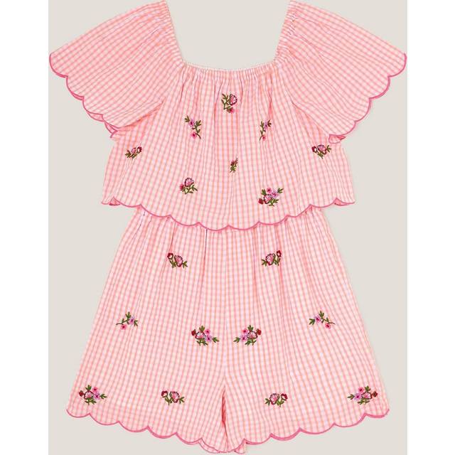 Monsoon Kids' Gingham Scallop Hem Playsuit, Pink