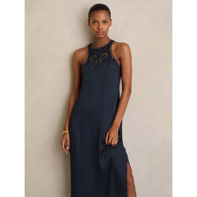 Reiss Joy Embroidered Midi Dress, Navy