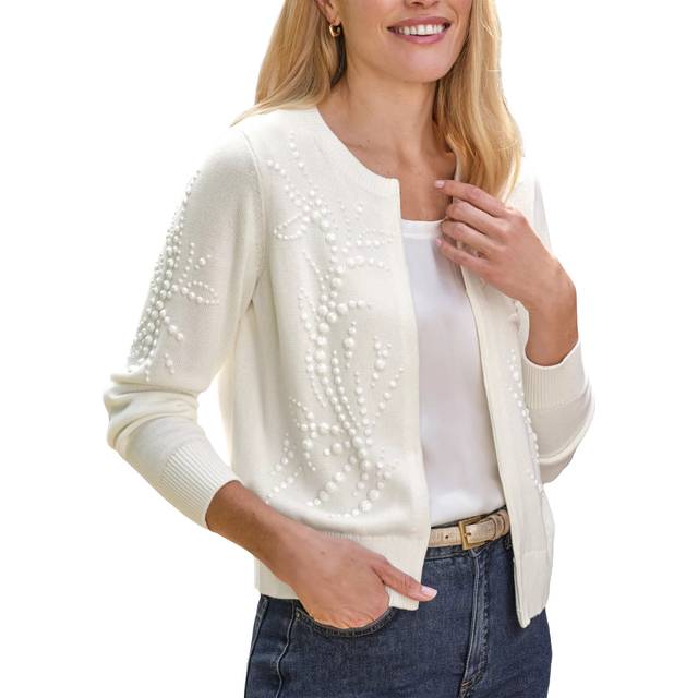 Pure Collection Beaded Crew Neck Cardigan, White
