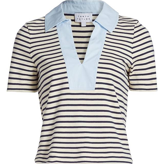 Melanie Stripe V-Neck Top - CREAM/MARITIME BLUE - Small
