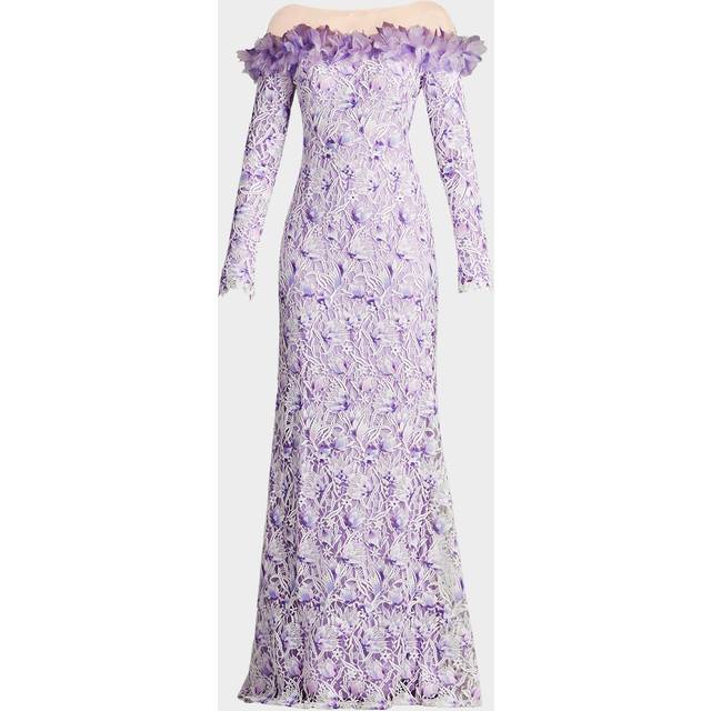Off-Shoulder Illusion Floral Lace Gown - WHITE/PURPLE HAZE - 6