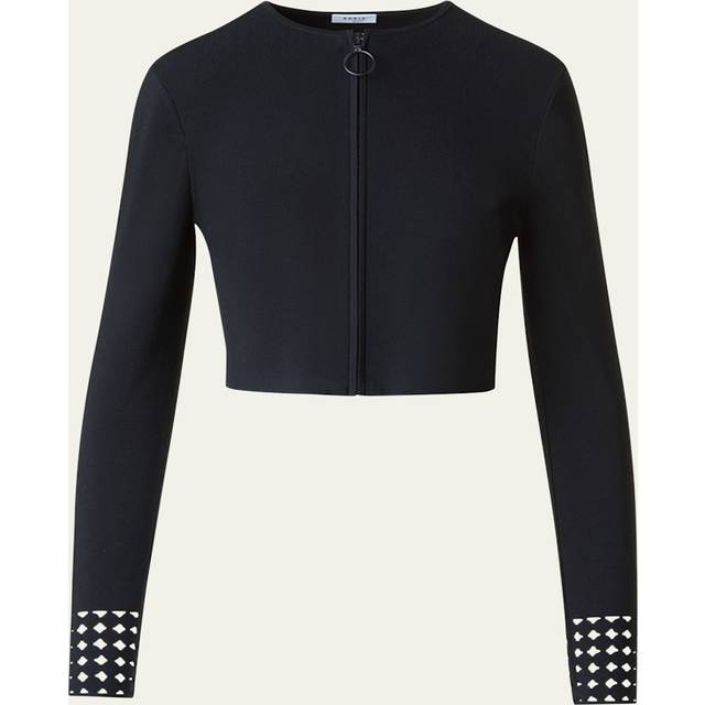 Dot Lace-Cuff Knit Crop Zip Cardigan - BLACK - 14