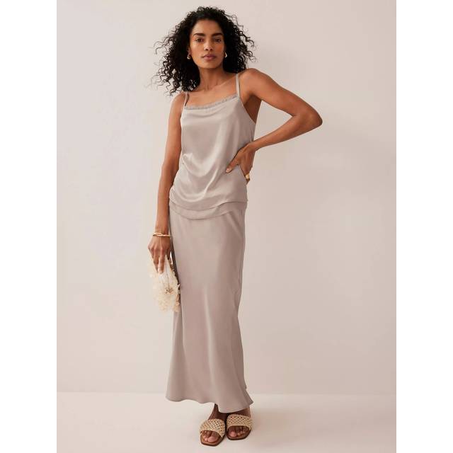 Mint Velvet Bias Cut Satin Midi Skirt, Natural
