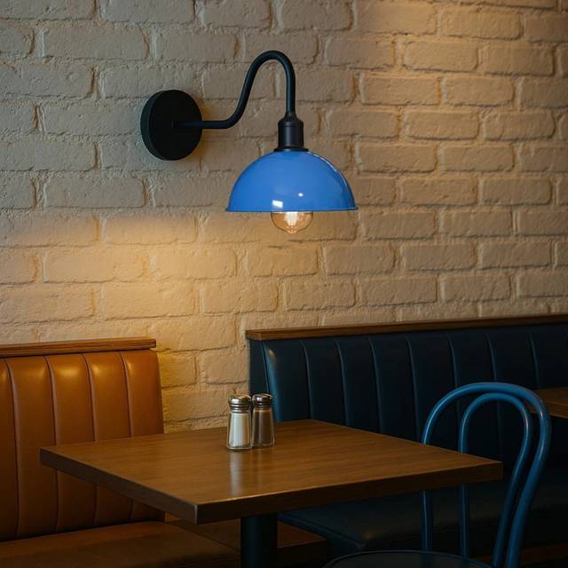 Modern Industrial Vintage Dome Wall Sconce – Fixed Curved Arm Metal Light for Bedroom, Hallway, Living Room, and Office. - Blue