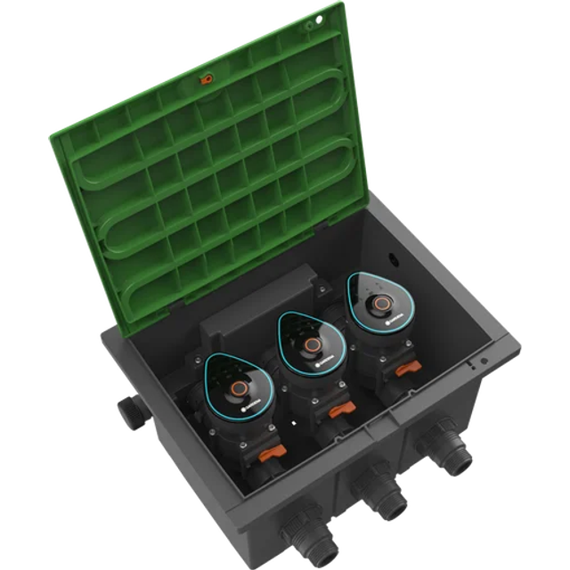 Gardena ventilbox 9 V Bluetooth-sats: Box för montering i marken för batteridrivna bevattningsventiler, programmeringsbar per app (1286-20)