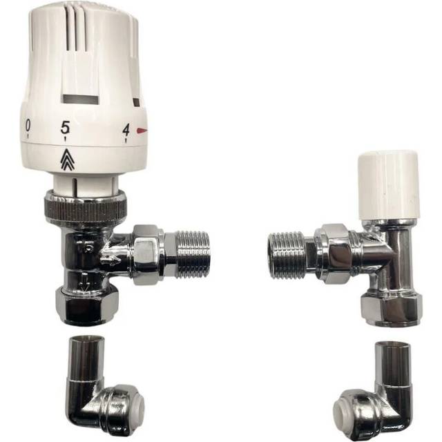"Angled Trieste White Thermostatic Radiator Valve Bi-Directional/Towel Rail Valve 1/2"" / With 90 Degree 10mm Push Fit Connector Reducer"