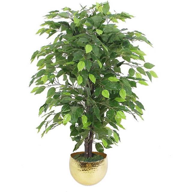 Leaf 90Cm Artificial Ficus Tree / Plant - Gold Metal Planter, Green