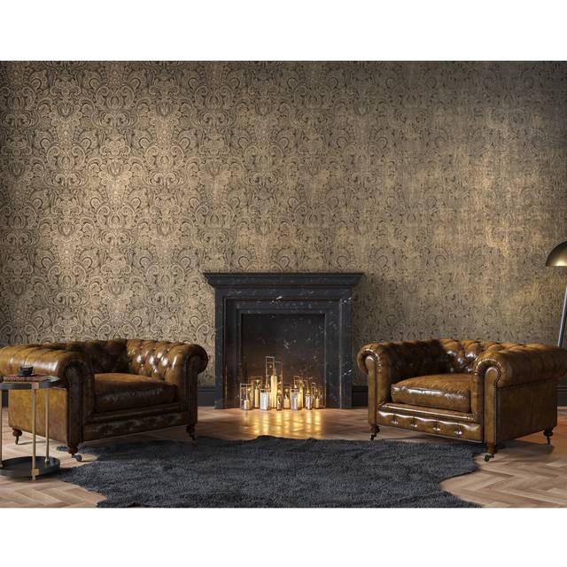 Lockheart Aphrodite Glass Beads 3D Embossed Damask 10m x 53cm Wallpaper Roll - Brown Gold (30,480cm L X 134.62cm W)