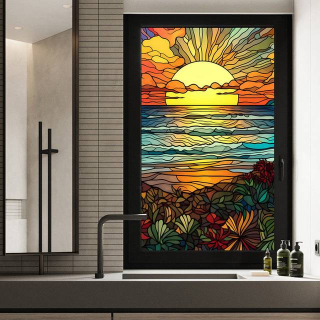 Reusable Seaside Sun Window Film UV Protection Anti Glare Heat Control Energy Saving Stained Glass Window Film 45 x 100cm - Yellow (100cm H X 45cm W)