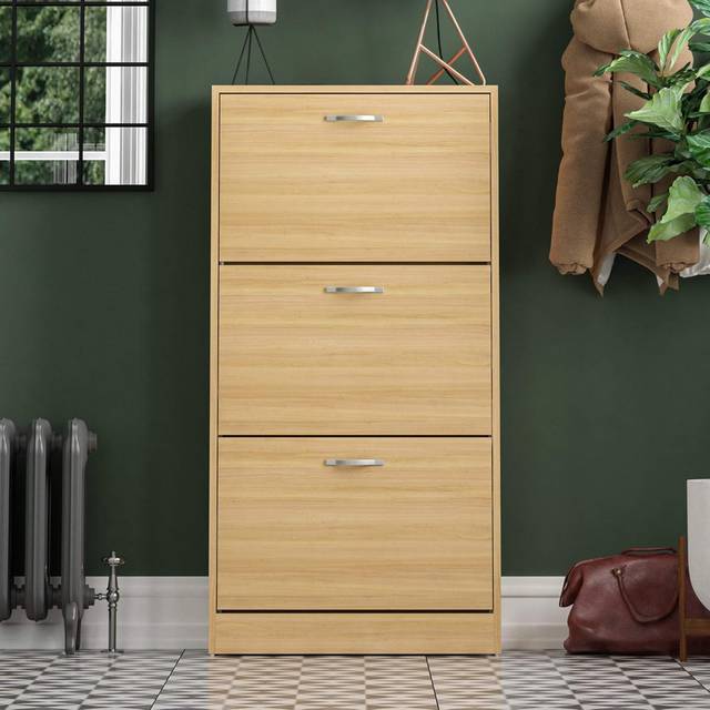 Pine Free Standing Pull Down Wooden 3 Drawer Shoe Cabinet (9)