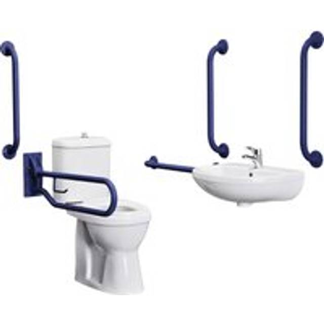 Pack - Comfort Height Pan, Cistern, Toilet Seat, Wall Mount Basin, Tap, 5 Grab Rails & Drop Down Rail - Blue