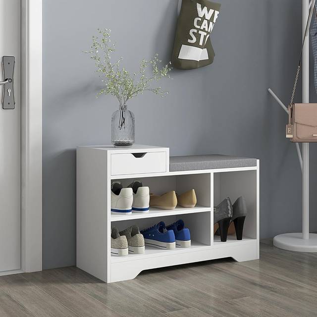 Wood Shoe Rack Bench with Seating Cushion and Drawer - White (5)