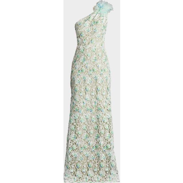 One-Shoulder Floral Lace Gown - WHITE/ALOE GREEN - 4