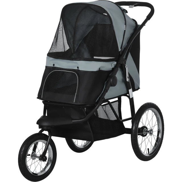Pawhut Pet Stroller Jogger For Medium Small Dogs, Foldable Cat Pram Dog Pushchair With Adjustable Canopy, 3 Big Wheels, Grey
