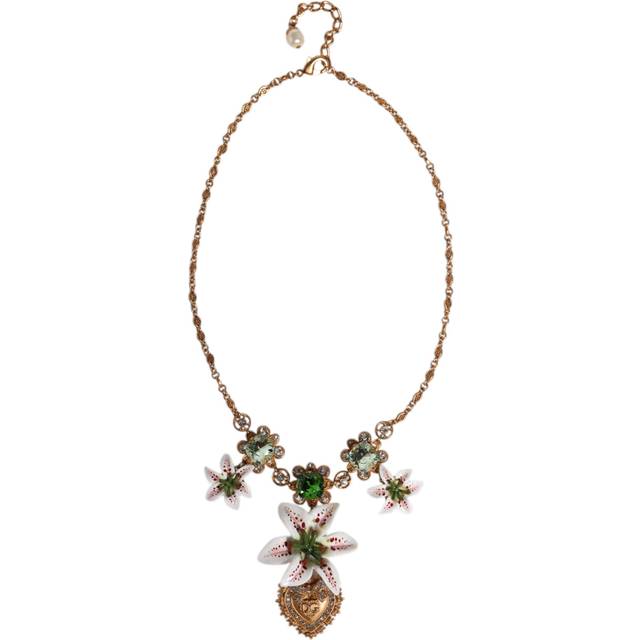 Gold Brass Lily Crystal Sacred Heart Pendant Necklace - Red