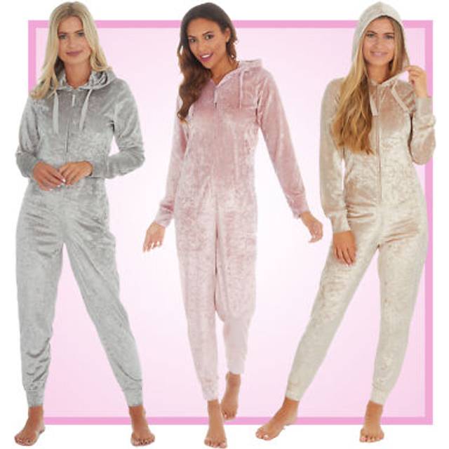 Ladies crushed velvet 1onesie velour zip up hooded jumpsuit playsuit all in one
