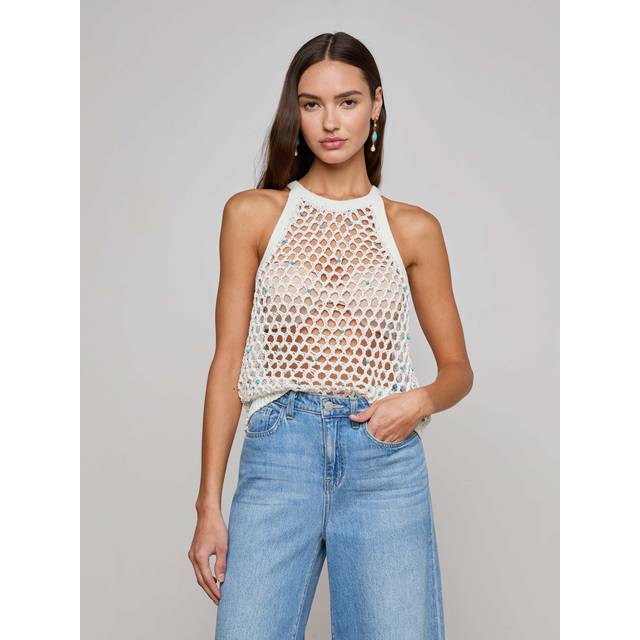 Parmida Embellished Openwork Knit Tank Top - IVORYTURQUOISE BEADS - Large