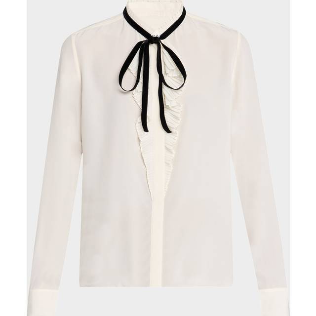 Velvet Tie Ruffle Blouse in Cream - M