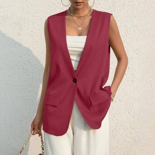 (wine, XL) Women Fashion Front Button Fitted Waistcoat Vintage Sleeveless Welt Pockets Female Outerwear Chic Vests Mint Green Black Tops