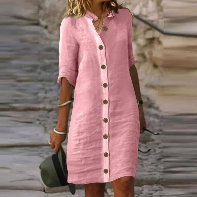 (pink, L) Summer Cotton Linen Shirt Dress Women Button Half Sleeve Casual Mini Dresses Women Elegant Loose Beach Party Dresses Vestidos