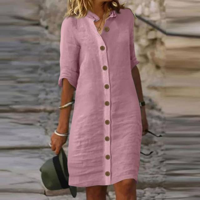 (purple, XXXL) Summer Cotton Linen Shirt Dress Women Button Half Sleeve Casual Mini Dresses Women Elegant Loose Beach Party Dresses Vestidos