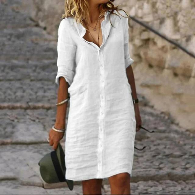 (white, XXXL) Summer Cotton Linen Shirt Dress Women Button Half Sleeve Casual Mini Dresses Women Elegant Loose Beach Party Dresses Vestidos